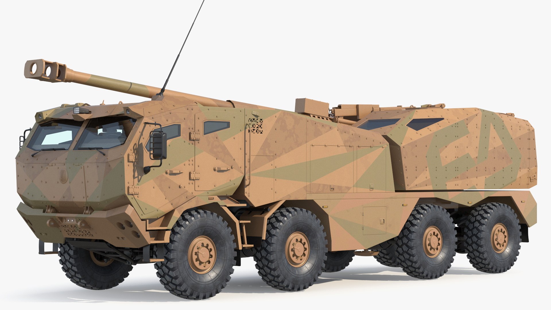 Wheeled Armored Howitzer in Desert Camouflage 3D model preview