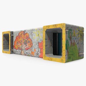 3D Damaged Concrete Bomb Shelter with Child Paintings Grey model