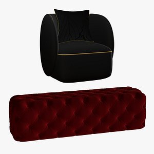 3D Realistic Velvet Sofa With Bench model