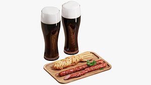 3D Dark beer with hunting sausages