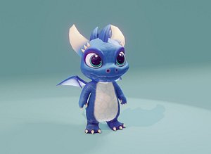 Animated Cartoon Baby Dragon Low-poly 3D Model Blue