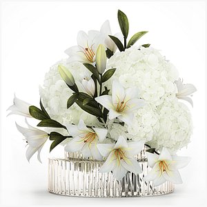 3D Festive bouquet in a glass vase with white hydrangea lilies 602