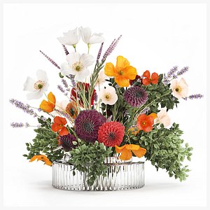 3D Realistic bouquet flowers poppy lavender branches vase 630