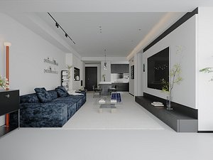 3D Modern Cream-Toned Open Plan Living Room and Kitchen with Minimalist Aesthetic