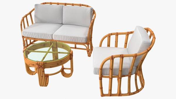 Vintage Bambusmöbel Mit Kissenset 3d, Vintage Bamboo Outdoor Furniture
