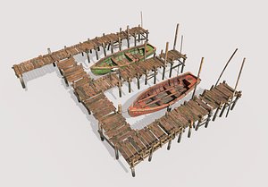 3D Wooden Pier With Fishing Boats