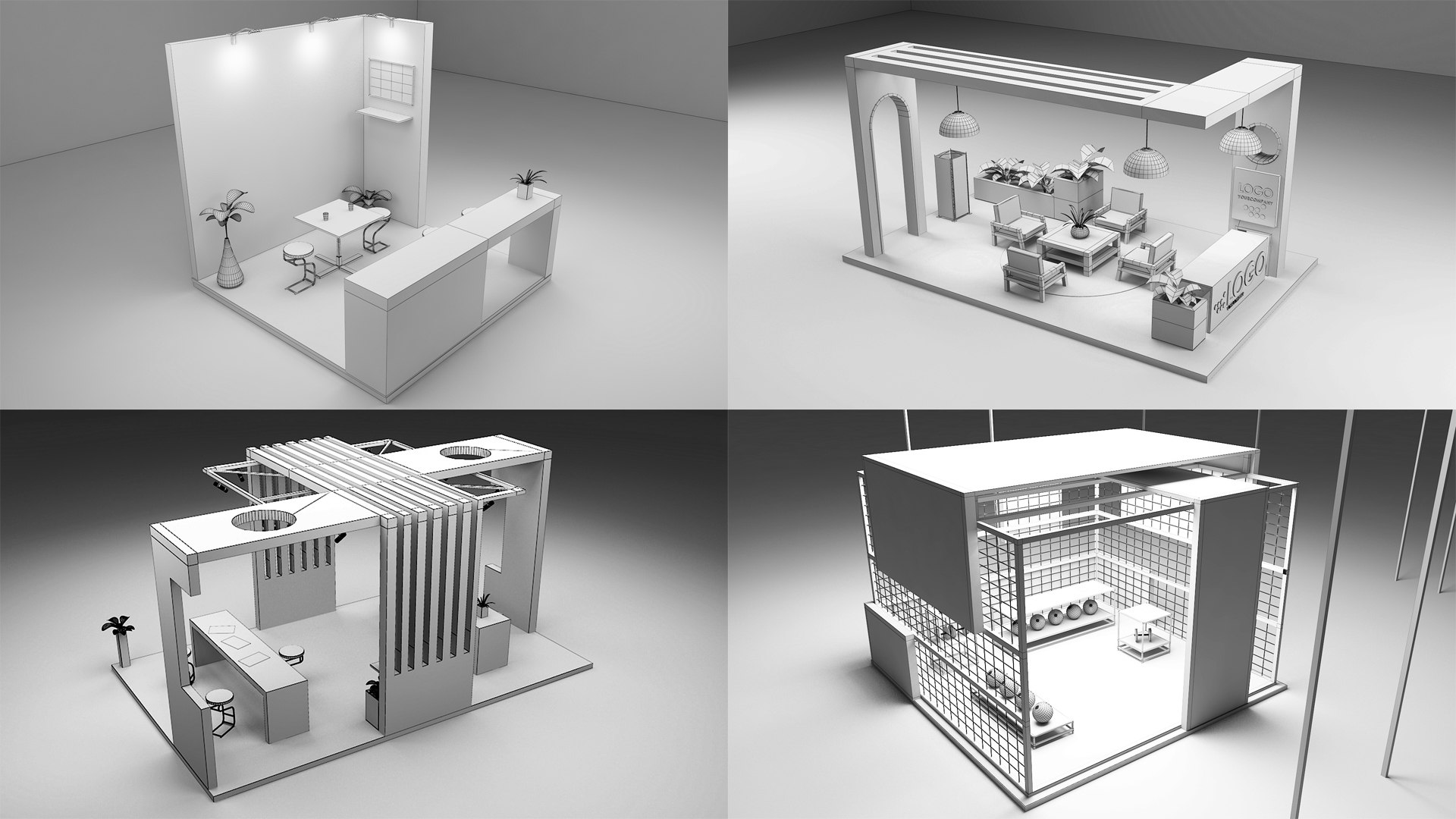 Modern Exhibition Stand Trade Show Booth 4 in1 Collection 3D model https://p.turbosquid.com/ts-thumb/i3/NT0V8X/N7/wireframe/jpg/1788286092/1920x1080/fit_q87/9a114ac5719ac14abbabed9ef73bf1ed5e1bf083/wireframe.jpg