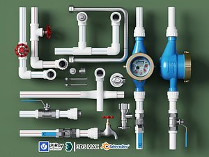 PPR Pipe Water Meter Plumbing Hardware Pack 3D model