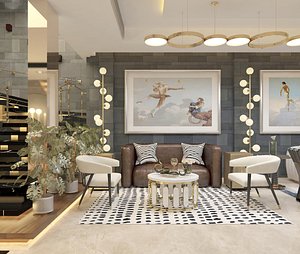 Contemporary interior design scene with outdoor landscape 3D model
