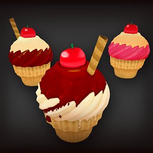 3D model low-poly set cupcakes