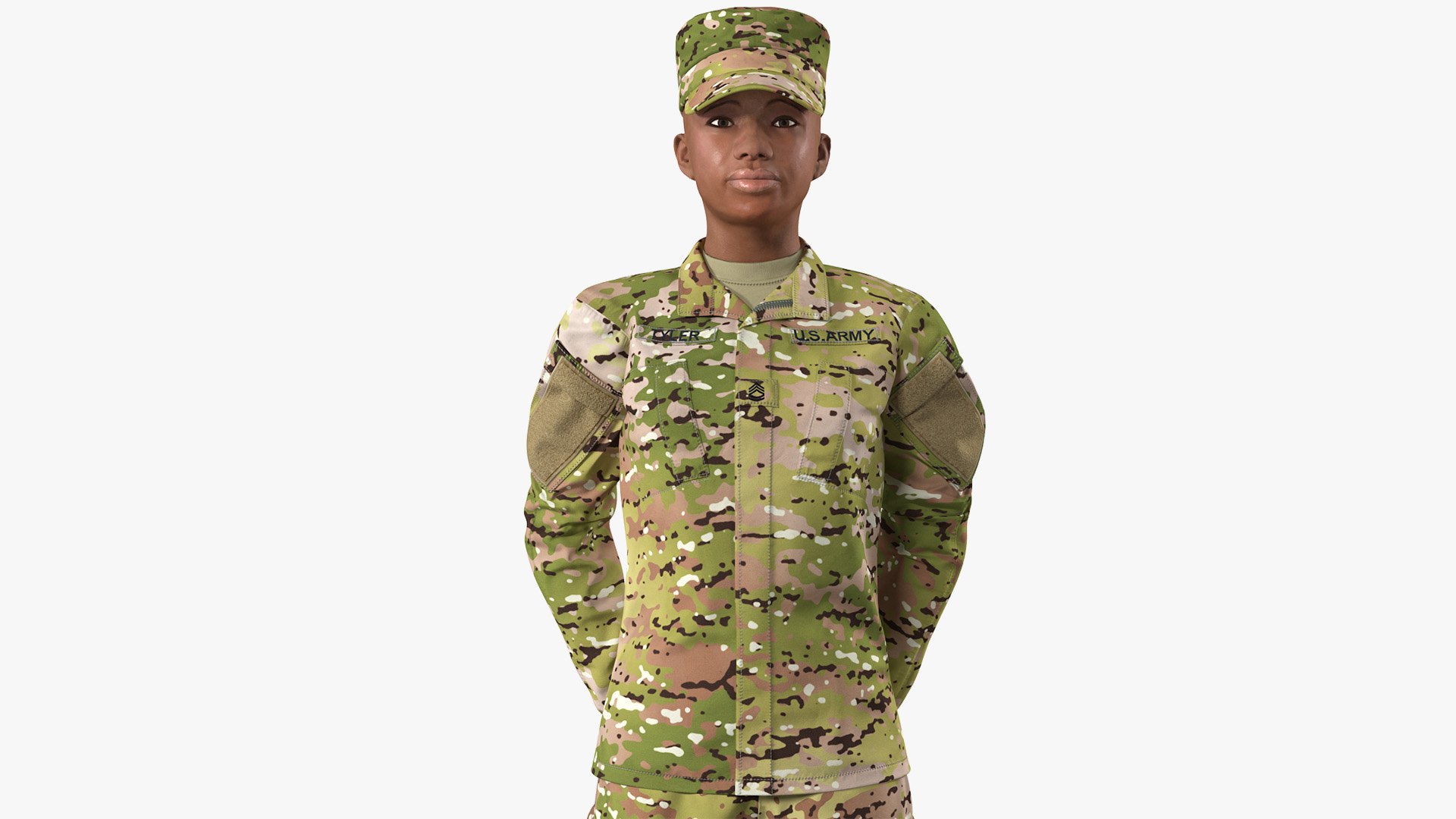 Black Female Soldier Camouflage Green Standing Pose 3D model preview