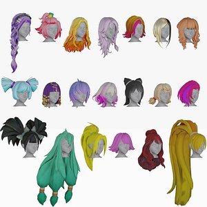 3D 20 Stylized Female Hair Models Pack 1 - Low Poly