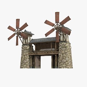3D Ancient Gate in Asia windmill power