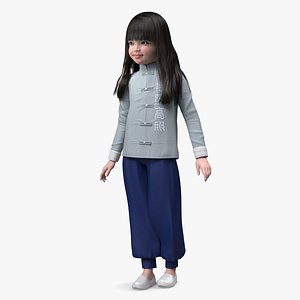 3D Asian Girl Child in National Costume Standing