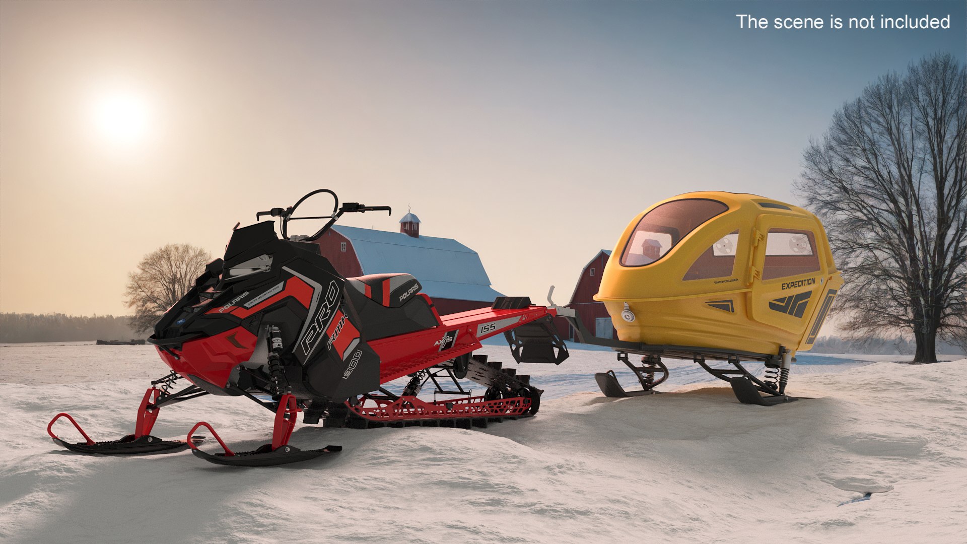 Snowcruiser Expedition Passenger Sled with Snowmobile on Snow 3D model preview