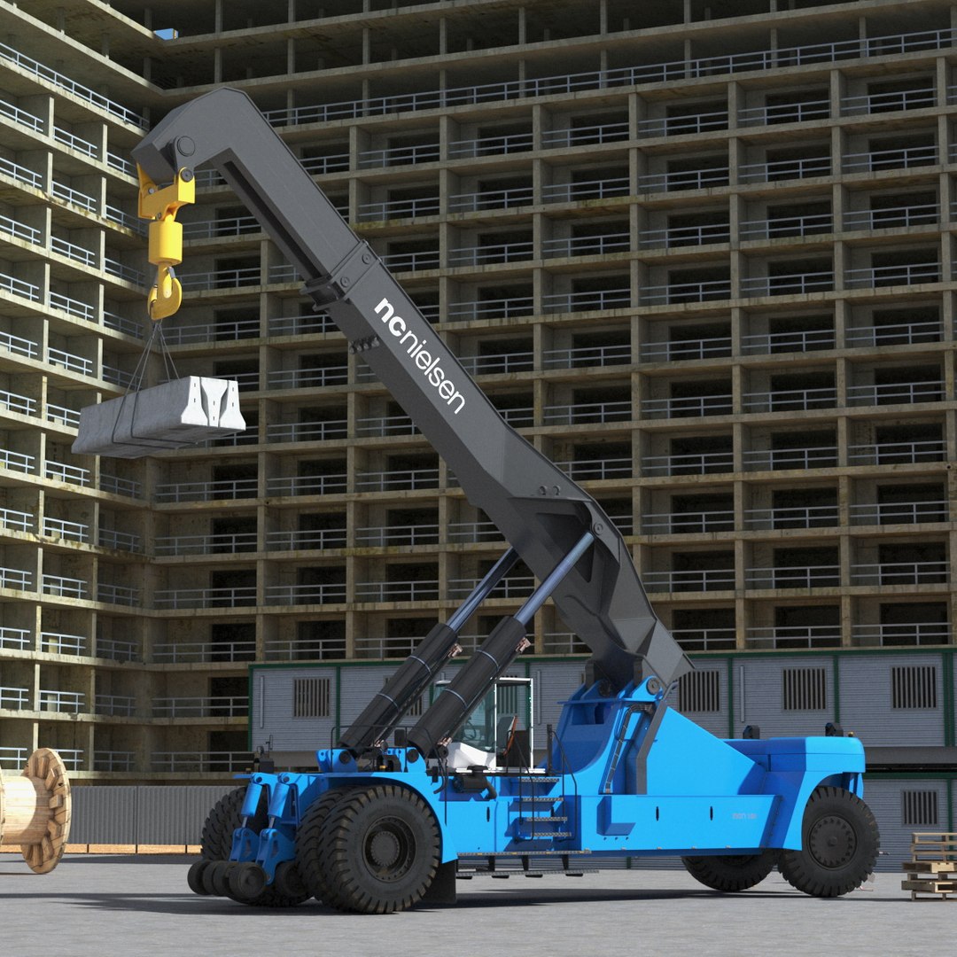 Reach Stacker Nielsen NCN 180TH Loads Concrete Barriers Rigged 3D model preview