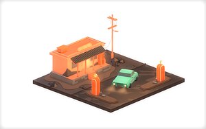Gas Station Night Low Poly