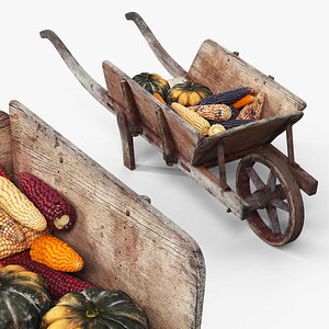 3D model Wooden Single-Wheel Farm Wheelbarrow with Crops