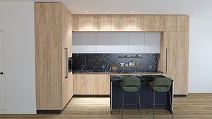 Modern Kitchen Island 3D Model Light Wood Facades Marble Countertop Built in Appliances PBR 4K