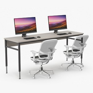 3D Dual Workstation Desk with Chairs and Computers