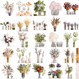 Collection of flower bouquets and vase set of 50 pieces 3D model