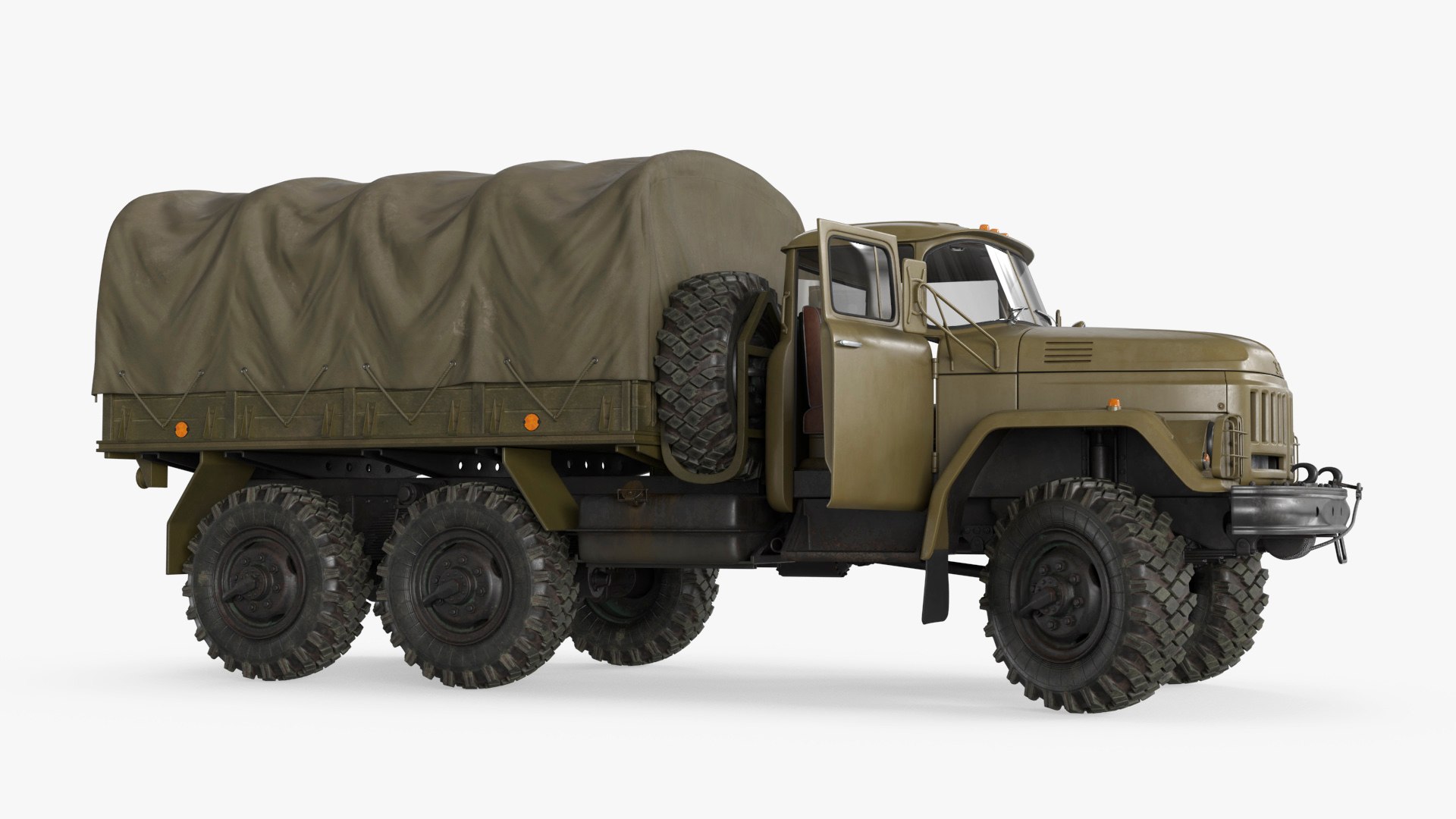 ZIL-131 Military Truck with Cargo Bed and Canvas Cover Rigged for Cinema 4D 3D model for vehicle visualization, games, animation, transport scenes, and automotive rendering