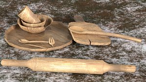 Old Wooden Tableware 3D model