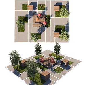 Contemporary Public Square 3D Model with Modular Paving and Landscaping