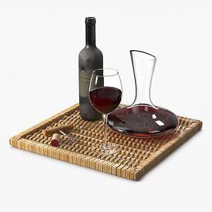 Old Red Wine with Decanter Corkscrew and Glass on Tray