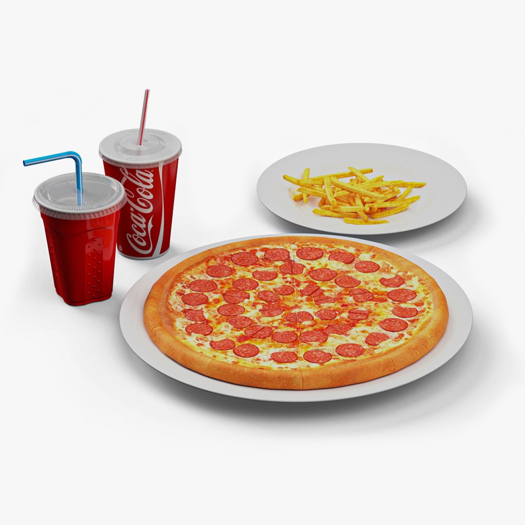Pepperoni Pizza with Fries and Beverage 3D model preview