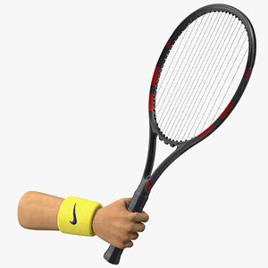 Man Hand with Nike Swoosh Wristband Holds Tennis Racquet Rigged