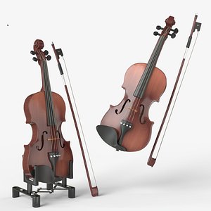 Violin music instrument with Bow and stand 3D model
