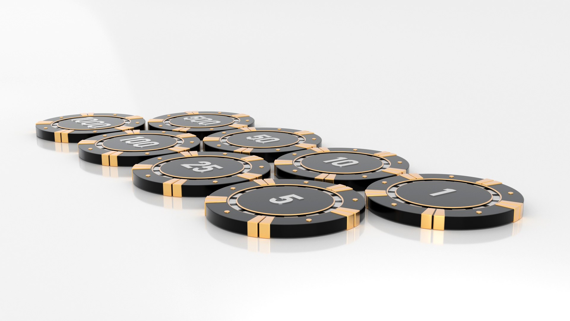 Casino Chips In Denominations Of 1000, 500, 100, 50, 25, 10, 5, 1 3D
