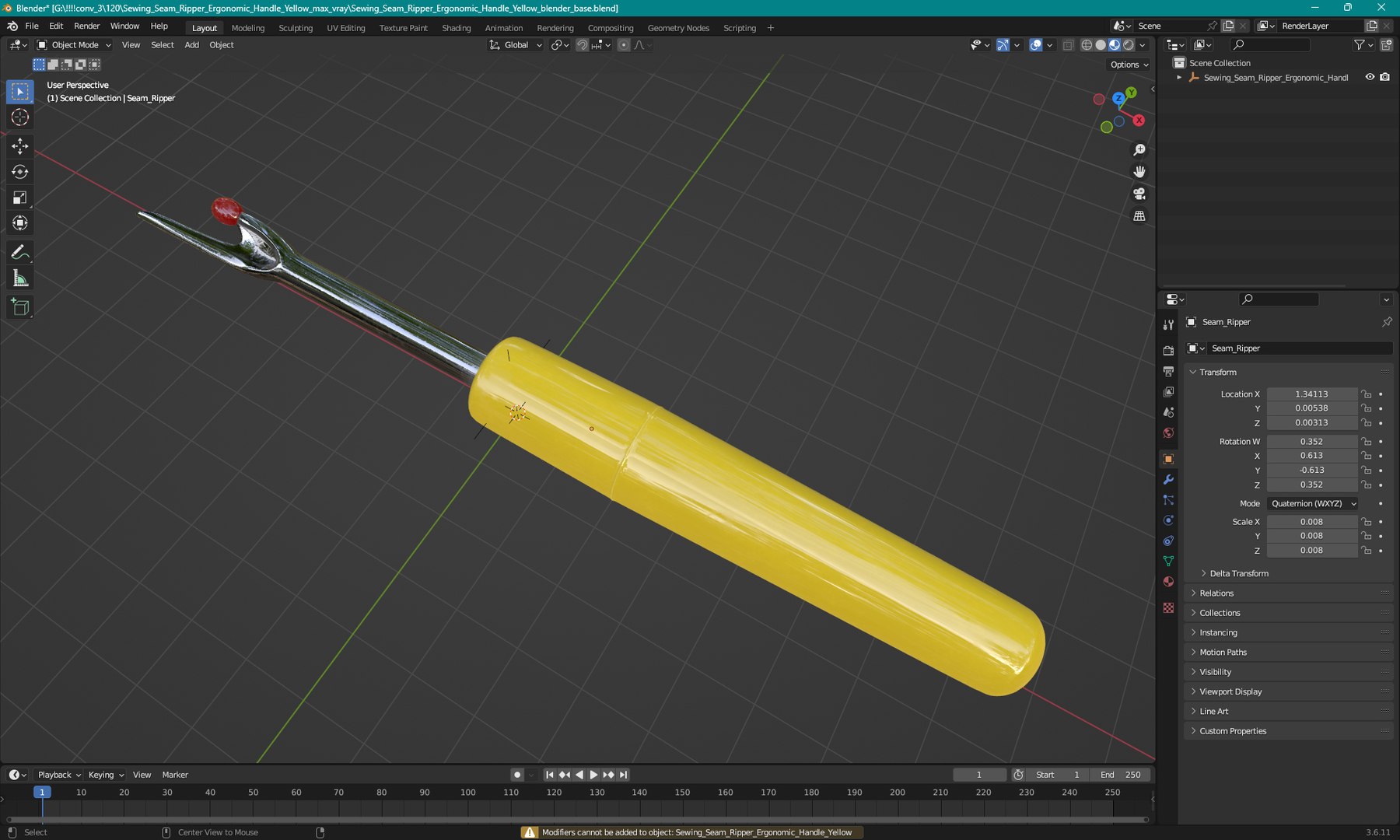 Sewing Seam Ripper Ergonomic Handle Yellow 3D Model - TurboSquid 2402367
