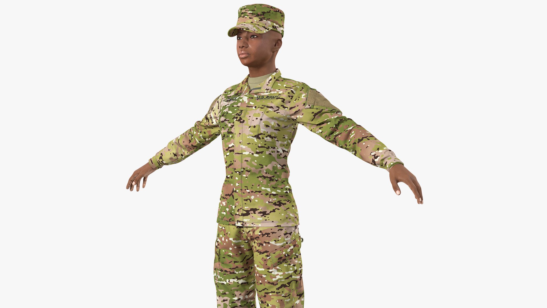 Black Female Soldier Camo T Pose 3D model preview