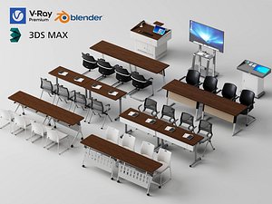 Training Classroom Desk Chair Podium Combination 3D Model Pack 3D