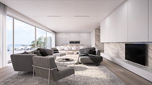 Luxury living room interior with kitchen