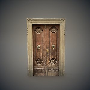 3D Worn wooden door with stone frame model