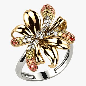 Flower Shape Combined Gold Luxury Ring 3D model