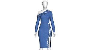 Girls Denim One-Shoulder Midi Dress With Eyelets 3D model