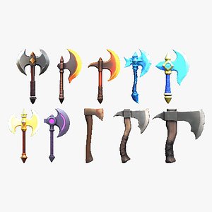 3D Model Axe 10Set Weapons/Fantasy/RPG/Fire/Flame/Ice/Water/Light/Thunder/Dark/Bloody