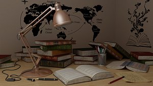 study table lamp books 3D