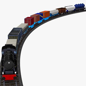 freight train - collection of 9 different freight wagons with a steam locomotive 3D model