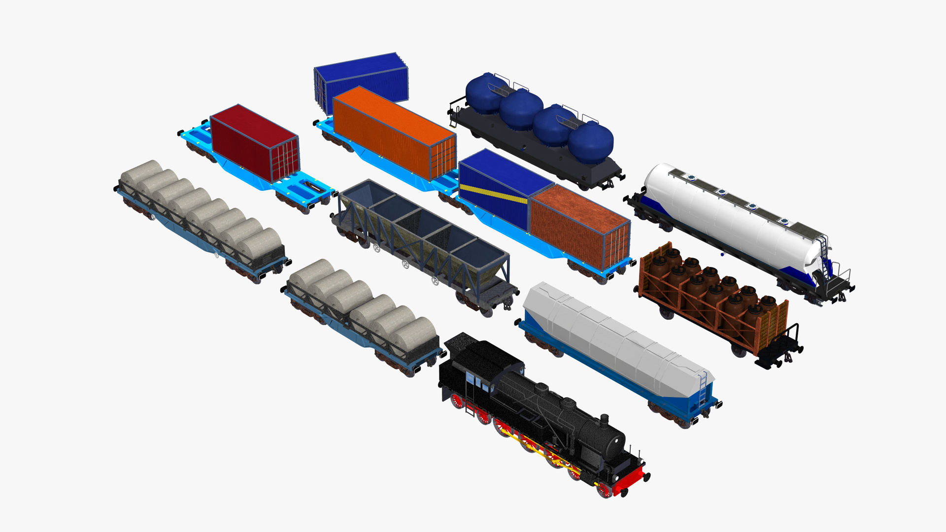 Freight Train - Collection Of 9 Different Freight Wagons With A Steam ...