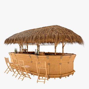 3D Thatched Bamboo tiki bar oval with chairs