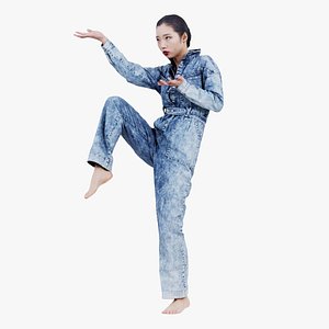3D Asian Woman Wearing Jeans Salopet 025 Remastered model