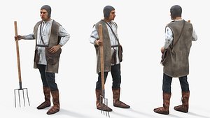 3D Medieval Farmer with Pitchfork