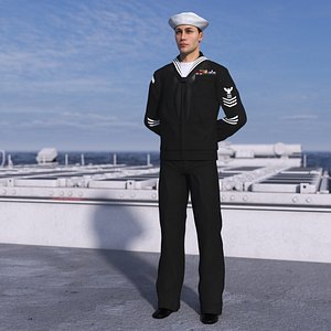 3D US Navy Sailor in Black Uniform Standing Pose
