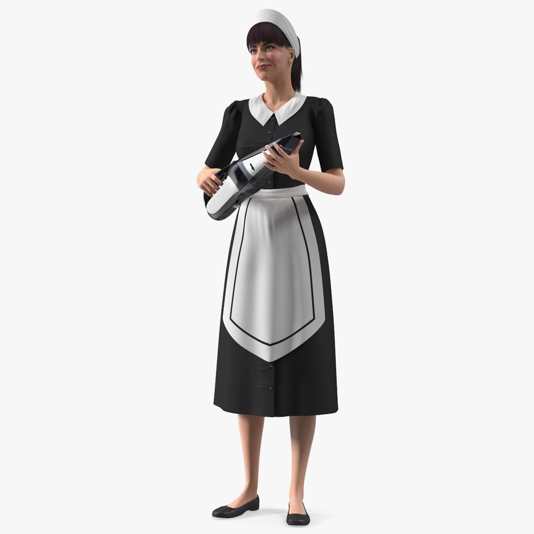 Housekeeping Maid with Handheld Vacuum Cleaner Rigged 3D model preview