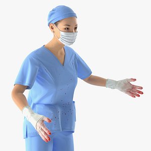 Asian Female Surgeon Stained with Blood Rigged